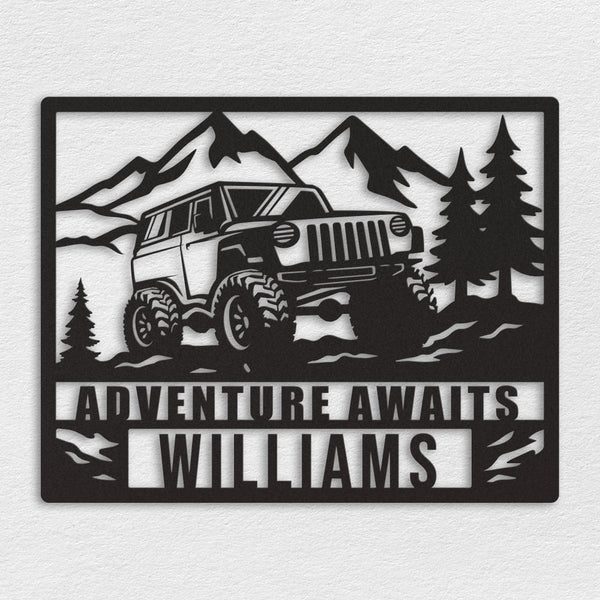 Custom off-road jeep metal wall sign with mountain and pine tree design, personalized with name