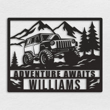 Custom off-road jeep metal wall sign with mountain and pine tree design, personalized with name