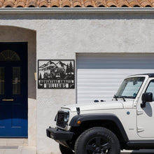 Custom off-road jeep metal wall sign with mountain and pine tree design, personalized with name