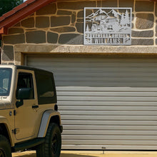 Custom off-road jeep metal wall sign with mountain and pine tree design, personalized with name
