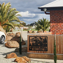 Custom off-road jeep metal wall sign with mountain and pine tree design, personalized with name