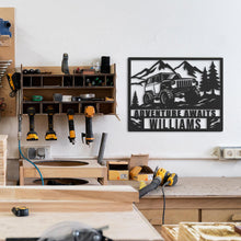 Custom off-road jeep metal wall sign with mountain and pine tree design, personalized with name