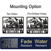 Custom off-road jeep metal wall sign with mountain and pine tree design, personalized with name