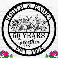Custom metal sign, anniversary gift, with floral design and “50 YEARS Together” text.