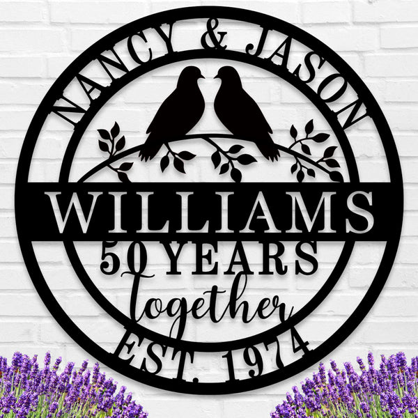 Custom round metal anniversary sign with lovebirds and personalized names and date