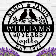 Custom round metal anniversary sign with lovebirds and personalized names and date