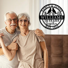 Custom round metal anniversary sign with lovebirds and personalized names and date