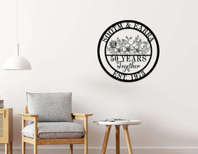 Custom metal sign, anniversary gift, with floral design and “50 YEARS Together” text.