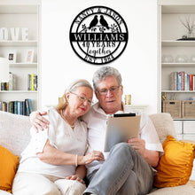 Custom round metal anniversary sign with lovebirds and personalized names and date