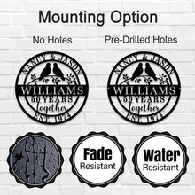 Custom round metal anniversary sign with lovebirds and personalized names and date