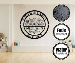 Custom metal sign, anniversary gift, with floral design and “50 YEARS Together” text.
