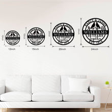 Custom round metal anniversary sign with lovebirds and personalized names and date