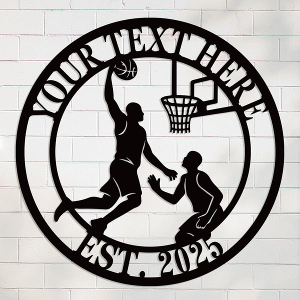 Custom basketball metal sign featuring a dunking player silhouette, personalized text at the top and EST. year at the bottom, perfect for man cave wall decor.