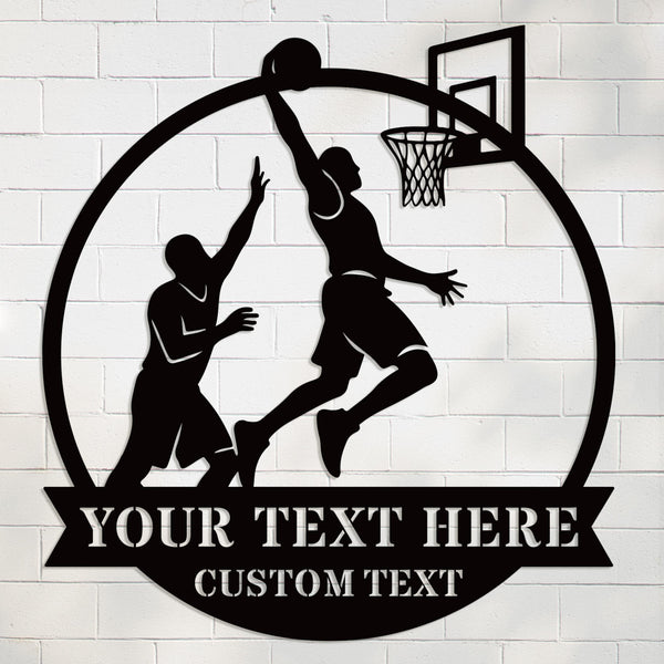 Custom basketball metal wall sign with two players and hoop silhouette, personalized text space, perfect for man cave or sports room decor.