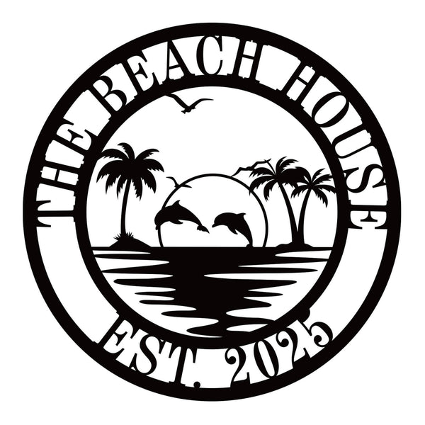 Custom beach house metal sign with dolphins and palm trees