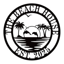 Custom beach house metal sign with dolphins and palm trees