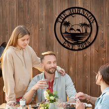 Custom beach house metal sign with dolphins and palm trees