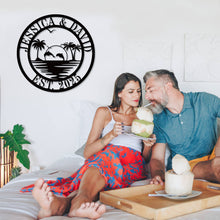 Custom beach house metal sign with dolphins and palm trees