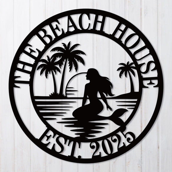 Custom mermaid beach metal wall sign with palm trees and sunset, personalized coastal décor made from laser-cut steel with powder-coated finish