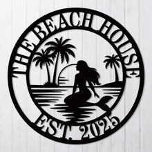 Custom mermaid beach metal wall sign with palm trees and sunset, personalized coastal décor made from laser-cut steel with powder-coated finish