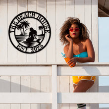 Custom mermaid beach metal wall sign with palm trees and sunset, personalized coastal décor made from laser-cut steel with powder-coated finish