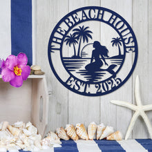 Custom mermaid beach metal wall sign with palm trees and sunset, personalized coastal décor made from laser-cut steel with powder-coated finish