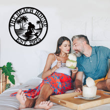 Custom mermaid beach metal wall sign with palm trees and sunset, personalized coastal décor made from laser-cut steel with powder-coated finish