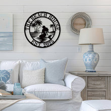 Custom mermaid beach metal wall sign with palm trees and sunset, personalized coastal décor made from laser-cut steel with powder-coated finish