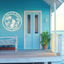 Custom mermaid beach metal wall sign with palm trees and sunset, personalized coastal décor made from laser-cut steel with powder-coated finish