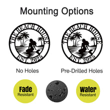 Custom mermaid beach metal wall sign with palm trees and sunset, personalized coastal décor made from laser-cut steel with powder-coated finish