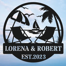Personalized beach metal sign with chairs, palm trees, and sailboat, custom names and date, laser-cut steel wall art for weddings, anniversaries, or beach house decor.
