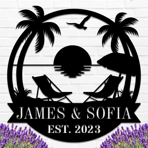 Personalized beach sunset metal wall art with palm trees and chairs, custom name and date, coastal decor gift for beach houses, weddings, or anniversaries