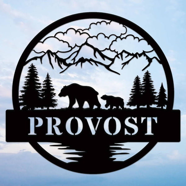 Laser-cut metal sign with mountain range, mother bear and cub, pine trees, and custom name "PROVOST", made from powder-coated steel for outdoor or indoor wall décor.