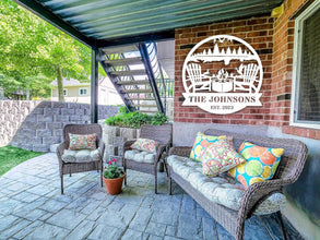 Custom firepit metal sign with family name and established year, laser cut from steel and powder coated, personalized outdoor wall décor with chairs, fire, and nature design.