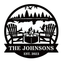 Custom firepit metal sign with family name and established year, laser cut from steel and powder coated, personalized outdoor wall décor with chairs, fire, and nature design.