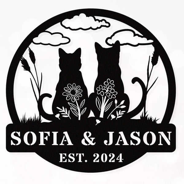 Personalized cat metal sign with two sitting cats, floral accents, and custom text, laser-cut from steel and powder-coated for wall decor.