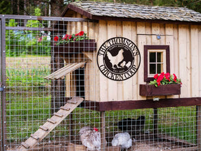 Round custom metal chicken coop sign with a hen and two chicks, personalized with family name and established date, made from durable black steel.