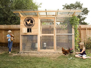 Round custom metal chicken coop sign with a hen and two chicks, personalized with family name and established date, made from durable black steel.