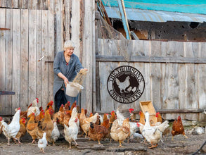 Round custom metal chicken coop sign with a hen and two chicks, personalized with family name and established date, made from durable black steel.