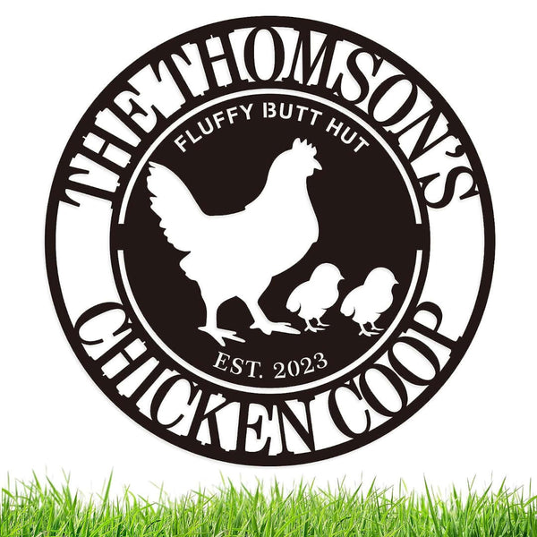 Round custom metal chicken coop sign with a hen and two chicks, personalized with family name and established date, made from durable black steel.