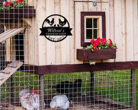 Custom metal chicken coop sign with rooster and hen – personalized farm decor