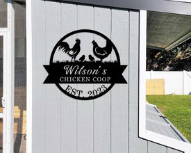 Custom metal chicken coop sign with rooster and hen – personalized farm decor