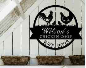 Custom metal chicken coop sign with rooster and hen – personalized farm decor