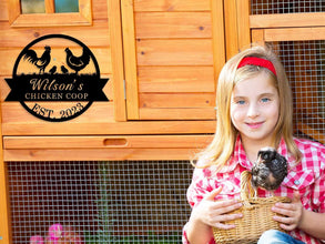 Custom metal chicken coop sign with rooster and hen – personalized farm decor