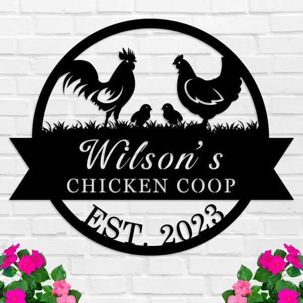 Custom metal chicken coop sign with rooster and hen – personalized farm decor