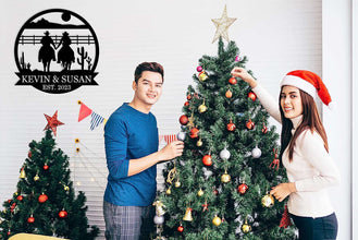 Personalized cowboy couple metal wall art featuring two riders holding hands, custom name and date, rustic western decor, laser-cut steel sign for home or gift