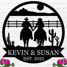Personalized cowboy couple metal wall art featuring two riders holding hands, custom name and date, rustic western decor, laser-cut steel sign for home or gift