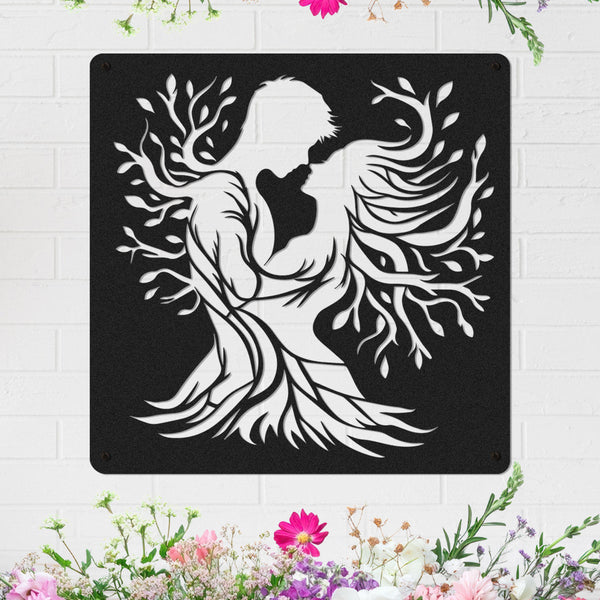Romantic couple metal wall art, laser-cut steel décor featuring lovers with flowing tree design, powder coated finish, perfect for home decoration or wedding and anniversary gifts.