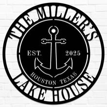 Custom anchor metal sign with personalized family name, location, and year, laser-cut from premium steel, perfect for lake house or nautical wall décor.