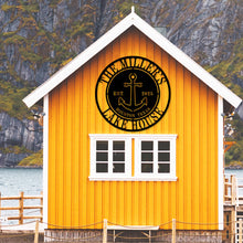 Custom anchor metal sign with personalized family name, location, and year, laser-cut from premium steel, perfect for lake house or nautical wall décor.